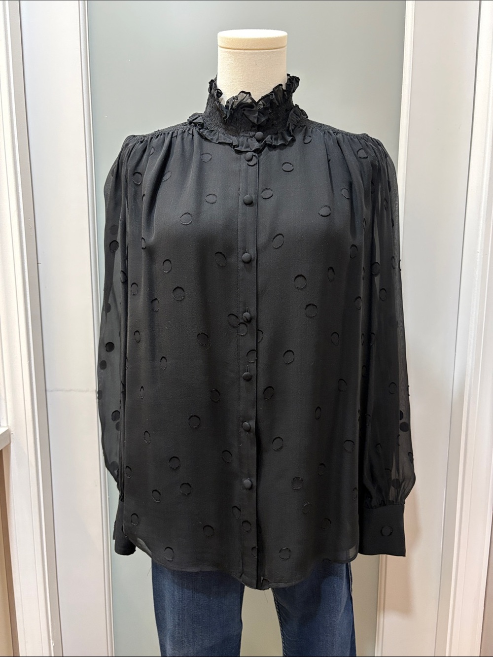 kate spade Black Dot-Textured Ruffle Neck Button Down Blouse